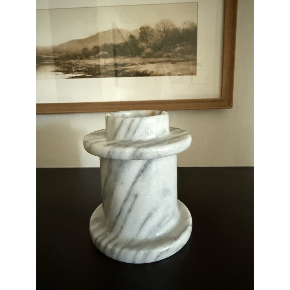 Gray White Veined Marble Votive Taper Candle Holder Heavy 5"